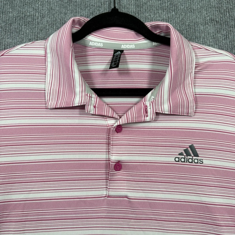 Adidas Golf Polo Shirt Mens Medium Pink White Striped Climalite Performance - Picture 4 of 7